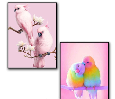Two vibrant parrot paintings, one in pastel tones and the other in rainbow hues, adding a colorful touch to home décor.