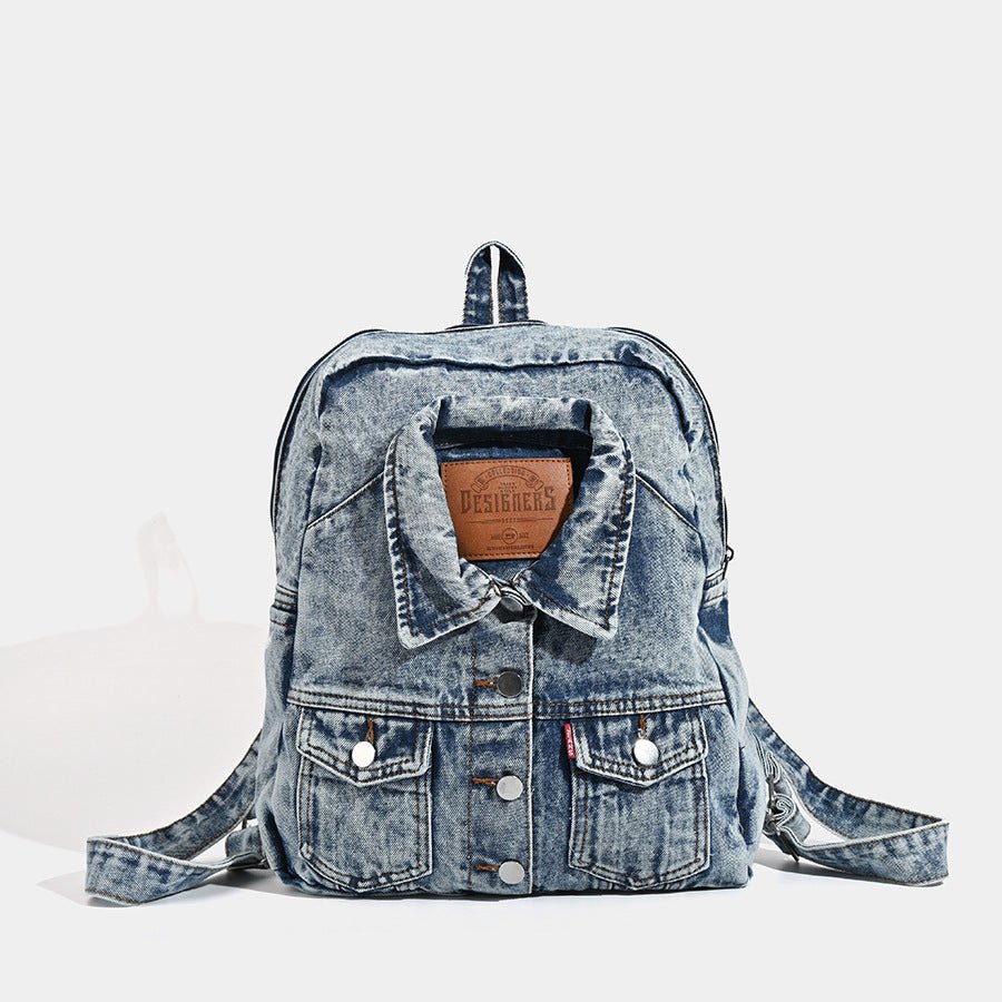 Washed Denim Backpack – Large Capacity, Navy Blue
