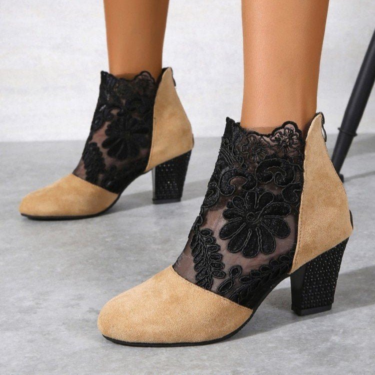 Lace Mesh High Heel Sandals – Round Toe Thick Heel