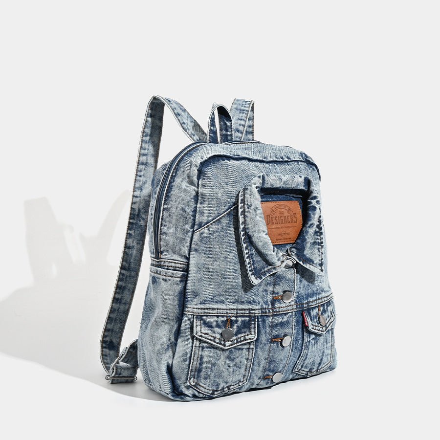 Washed Denim Backpack – Large Capacity, Navy Blue