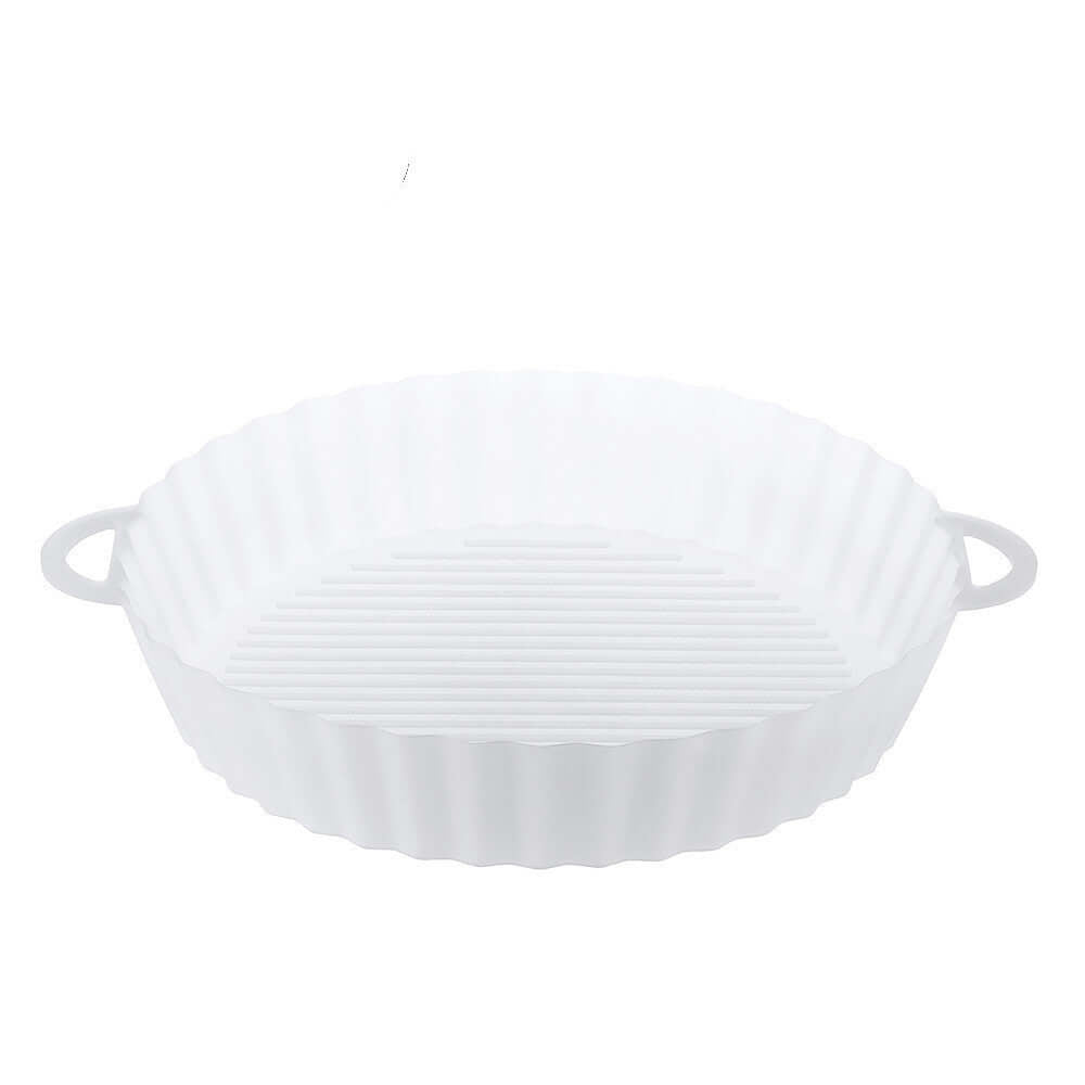 White Air Fryer Silicone Tray with handles, reusable grill pan and liner for eco-friendly cooking.