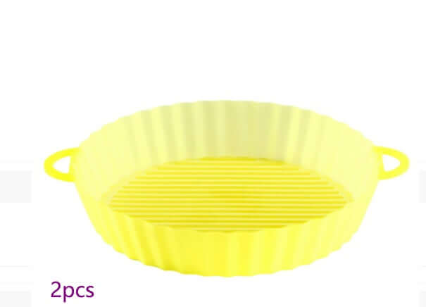 Yellow Air Fryer Silicone Tray with handles, shown in a 2-piece set, perfect for grilling and baking in modern kitchens.