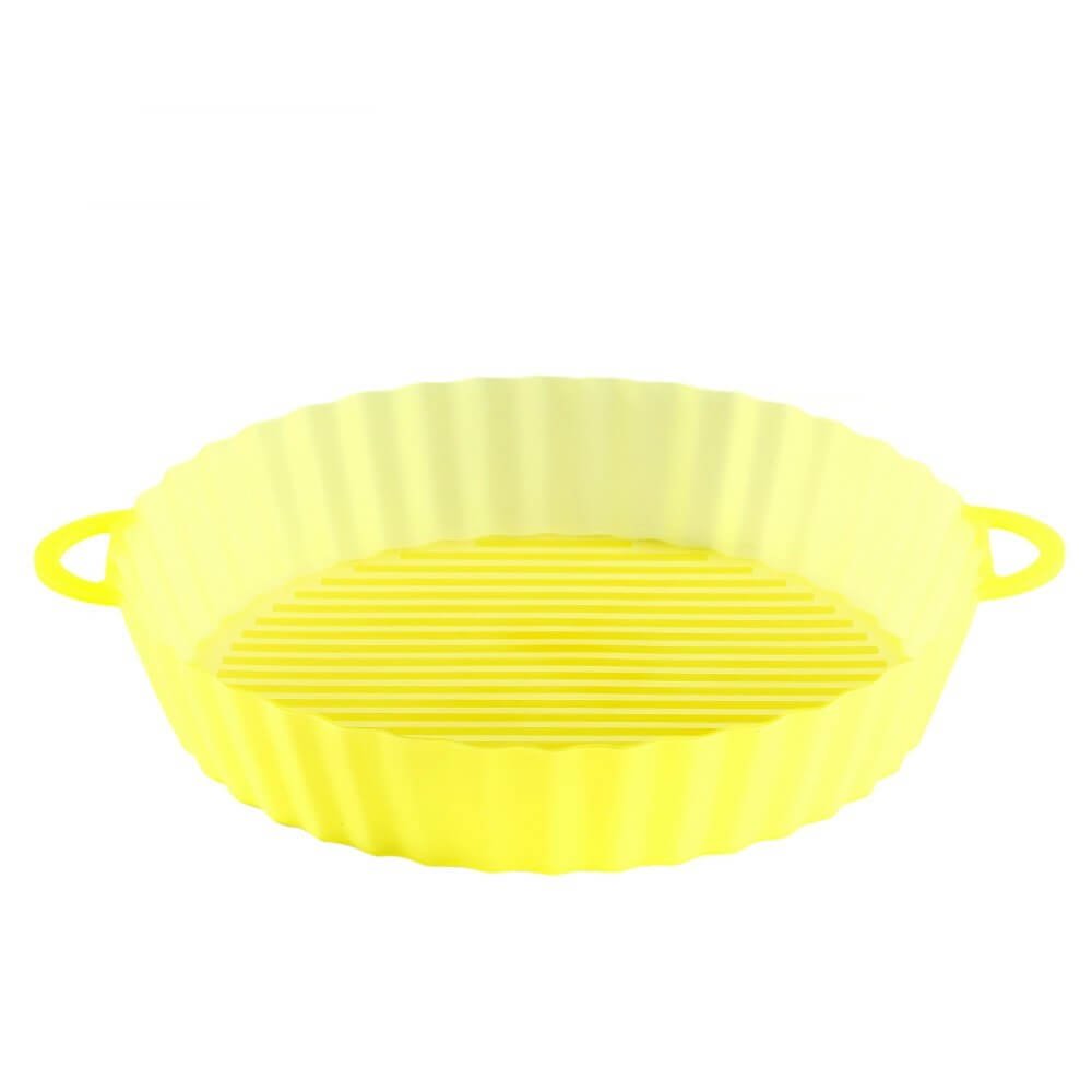 Air Fryer Silicone Tray in yellow, reusable pot and grill pan liner, heat-resistant and non-stick kitchen accessory.