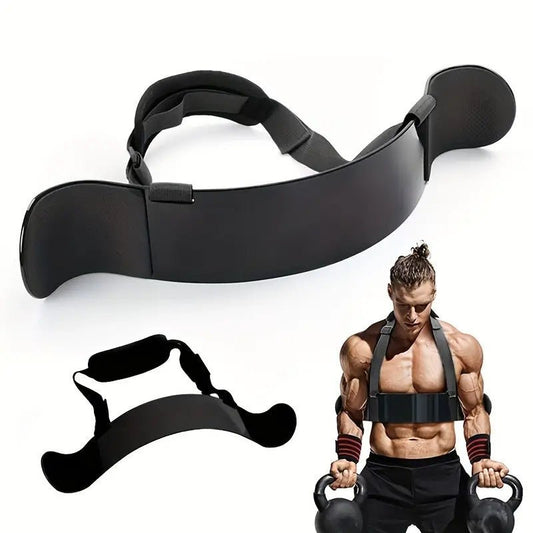 Black aluminum alloy biceps training board with adjustable neck strap for bodybuilding.