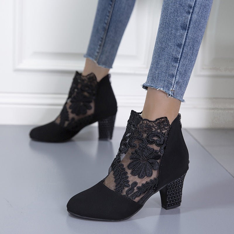 Lace Mesh High Heel Sandals – Round Toe Thick Heel