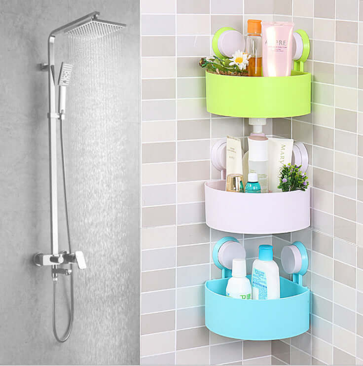 Bathroom Corner Shelf – Space-Saving Wall Storage Organizer with toiletries and colorful tiers in a shower setting.