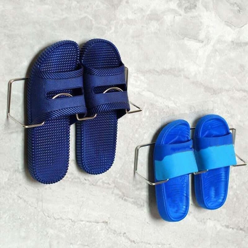 Bathroom Slipper Rack holding slippers, showcasing stainless steel organizer for keeping bathroom tidy on tiled wall
