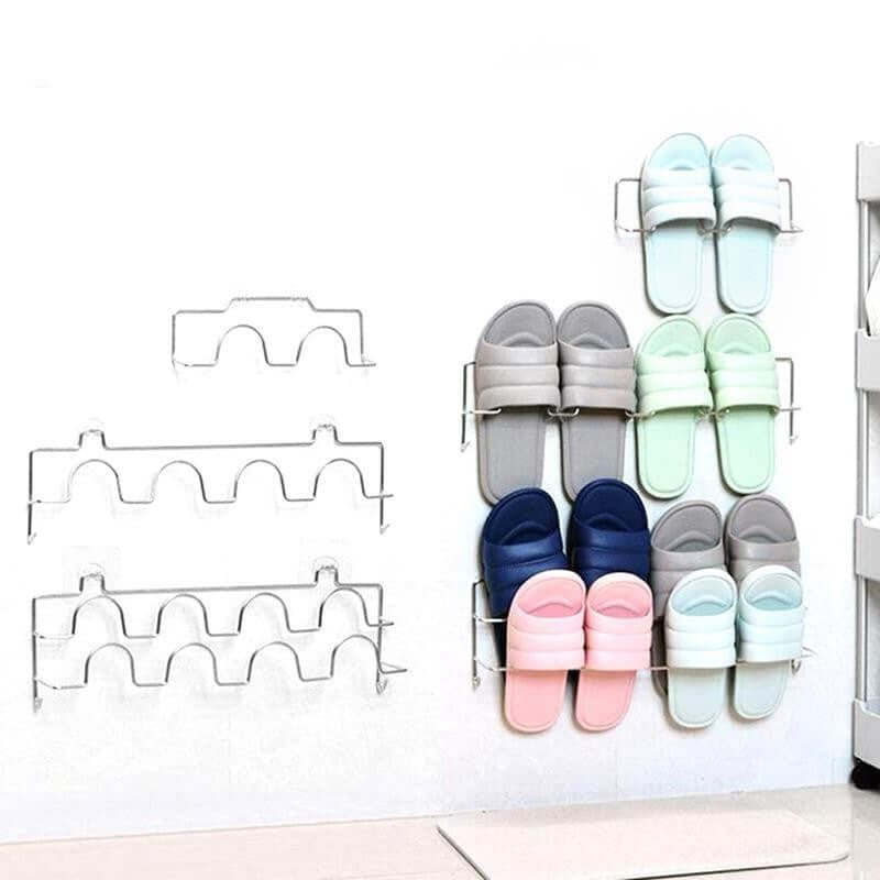 Bathroom Slipper Rack mounted on wall with colorful slippers, stainless steel design, organizing & saving space in bathroom