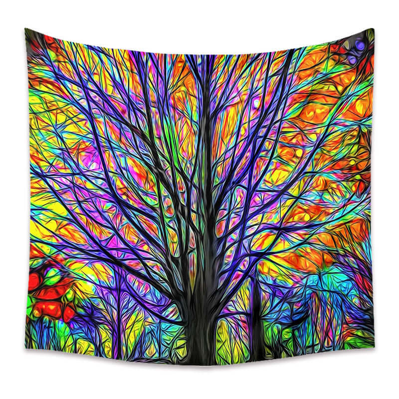Colorful Boho Wall Tapestry featuring vibrant tree design, perfect for adding artistic flair to room and home decor.