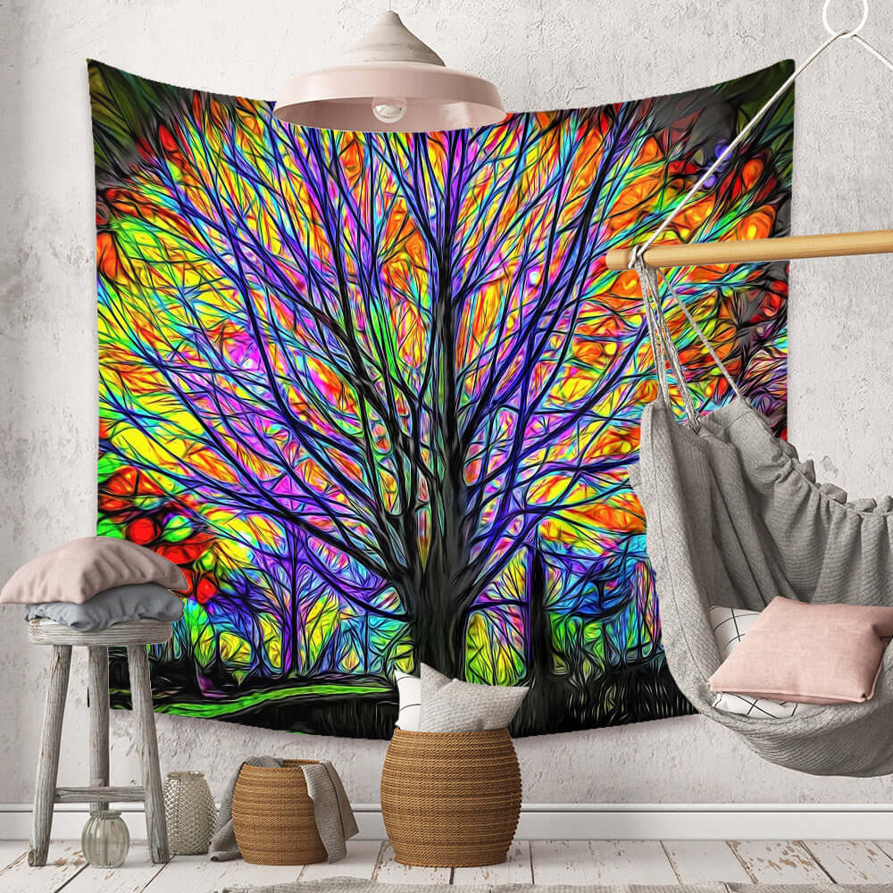 Boho Wall Tapestry with colorful abstract tree design, enhancing room decor with Nordic simplicity and bohemian charm.