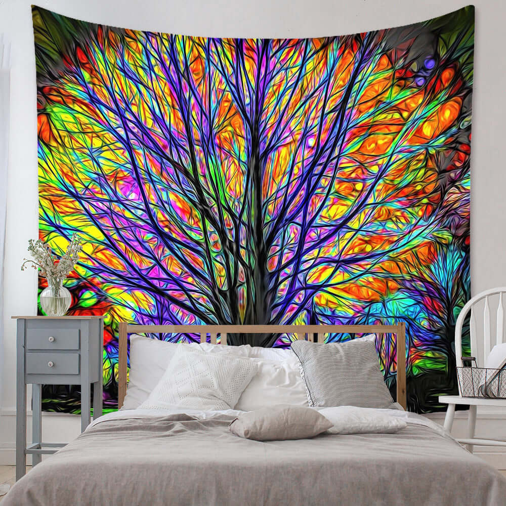 Boho Wall Tapestry with vibrant multicolored tree design, perfect for enhancing bedroom decor