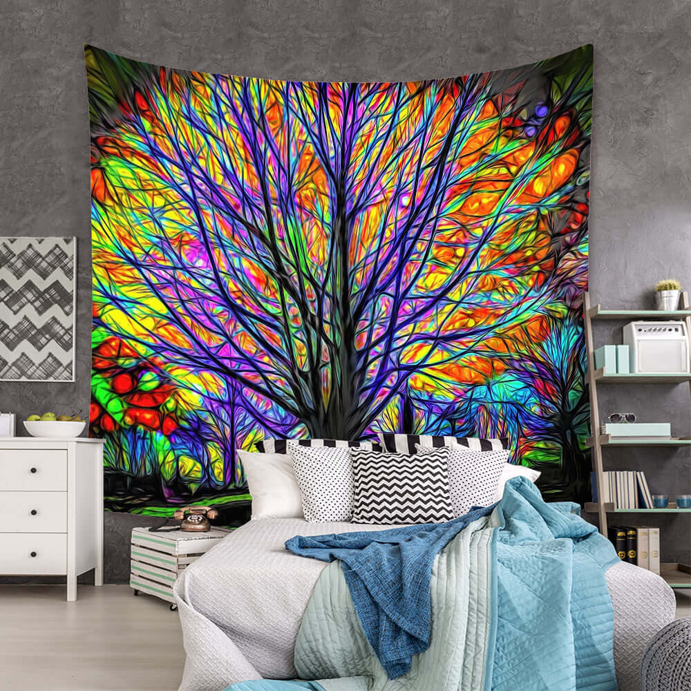 Boho Wall Tapestry, a colorful tree design, perfect for enhancing bedroom decor with Nordic simplicity and bohemian charm.
