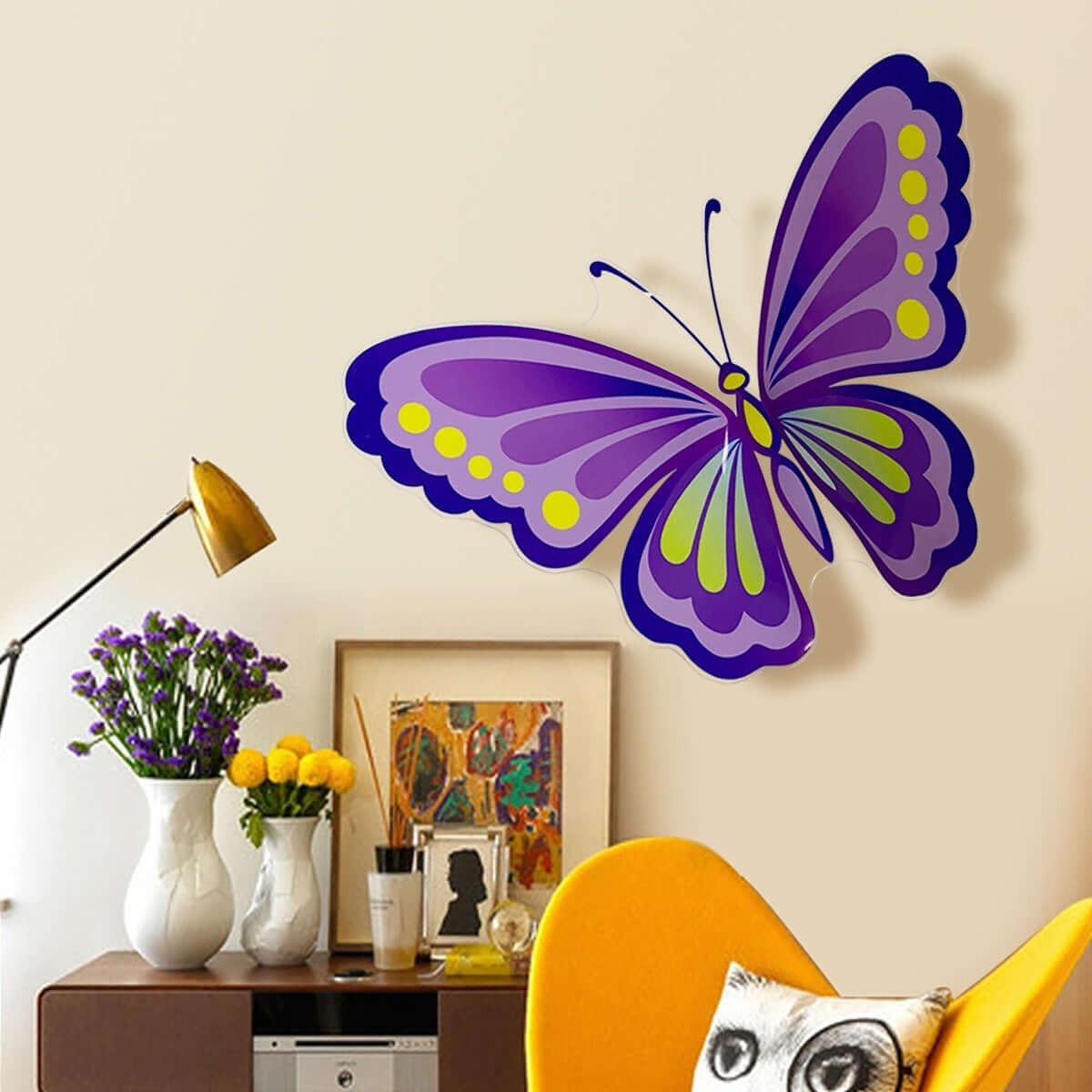 Colorful Butterfly Wall Stickers decorating a modern living room setting, adding elegance and creativity to home decor.