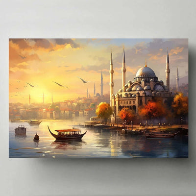Living Room Decorative Painting – Frameless Solid Wood Wall Art of a sunset over a river with a mosque, enhancing home aesthetics.