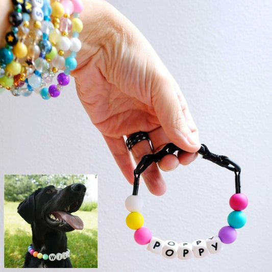 Custom Pet Beaded Name Collar shows on a hand, with a matching pet bracelet for dogs named Poppy.