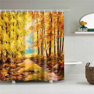 Bathroom Shower Curtain – Floral Digital Print Design with vibrant autumn forest scene, enhancing bathroom decor with nature-inspired style.