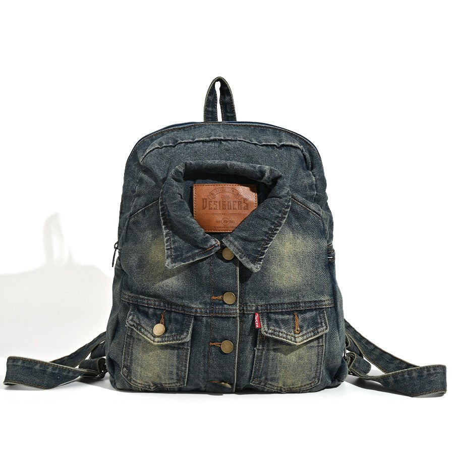 Washed Denim Backpack – Large Capacity, Navy Blue