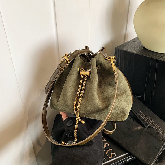 Retro Frosted PU Leather Bucket Bag – Small, Chain Strap