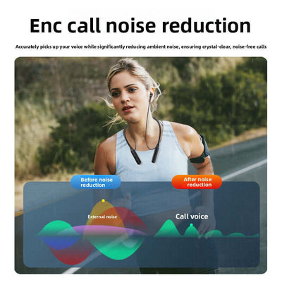 Runner using Neckband Bluetooth Earphones with ENC call noise reduction feature for clear voice quality in outdoor setting.
