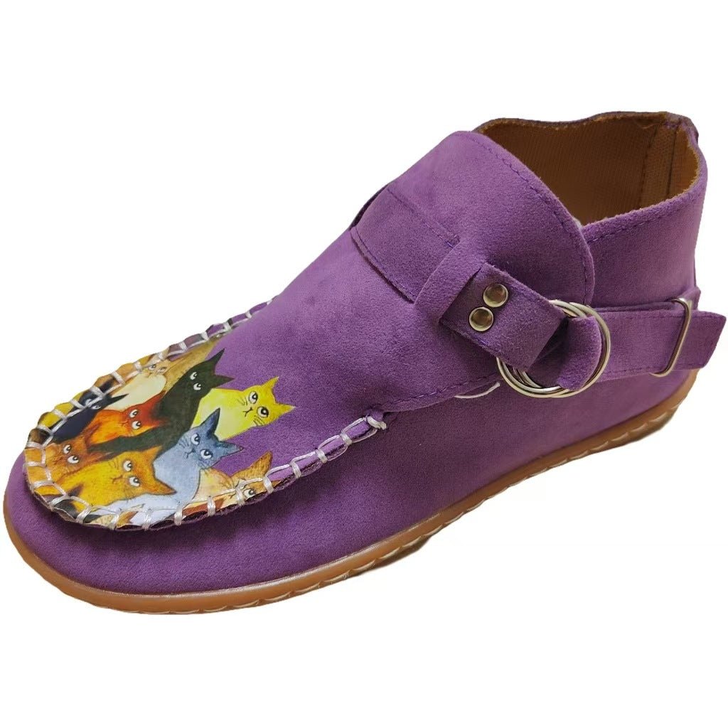 Women's Suede Ankle Boots | 3D Cat Print, Round Toe