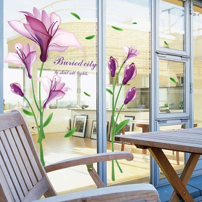 Romantic Purple Flower Wall Sticker on glass door with purple lilies and greenery in sunny patio setting.