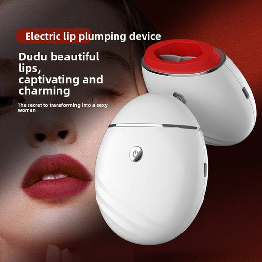 Two white egg-shaped electric lip plumper devices shown next to a woman with full red lips.