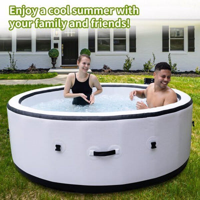Inflatable Hot Tub with LED lights accommodating two people in a backyard setting.