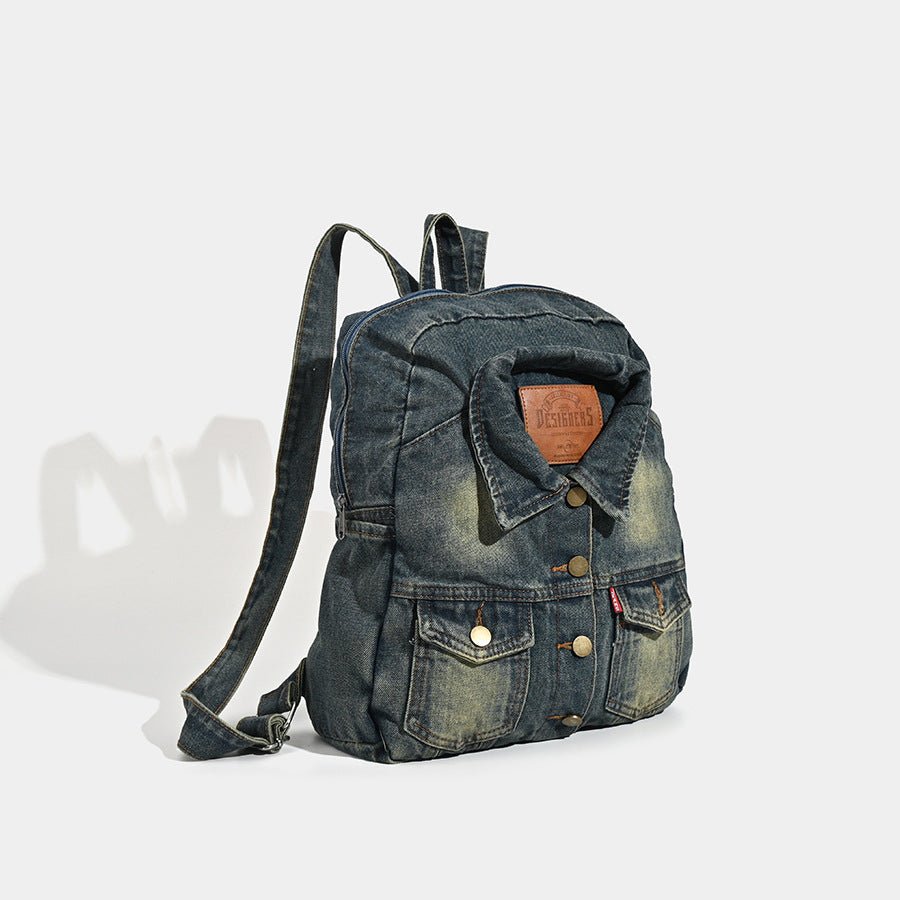 Washed Denim Backpack – Large Capacity, Navy Blue
