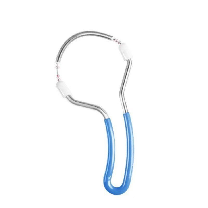 Manual facial hair remover tool with a blue handle and a flexible metal spring for epilation.
