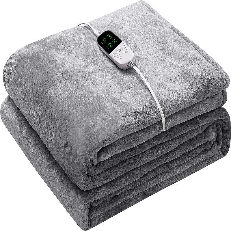 Gray Flannel Electric Blanket with 24 temperature settings, soft texture and digital control display for optimal warmth.