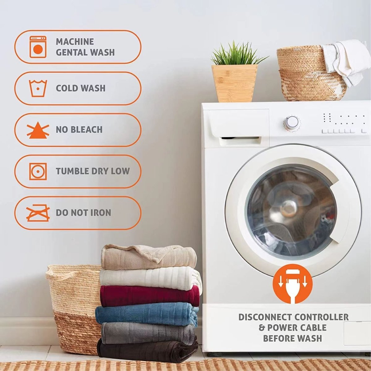 Care instructions for washing Flannel Electric Blanket with machine and temperature guidelines next to a washing machine.