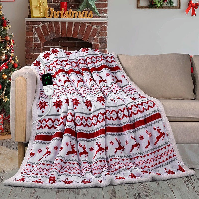 Flannel Electric Blanket on a sofa showing 24 temperature settings for personalized warmth and comfort, for holiday season.