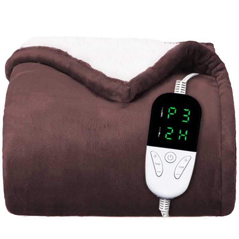 Flannel Electric Blanket with 24 Temperature Settings, double-layer design and remote control, shown in brown color.