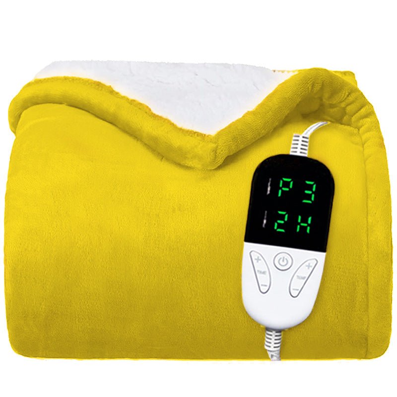 Flannel Electric Blanket with 24 temperature settings and double-layer heating, digital controller, in vibrant yellow color.