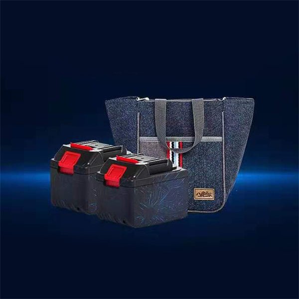 Two black lithium batteries of folding electric wheelchair with red latches next to a blue denim carrying bag.