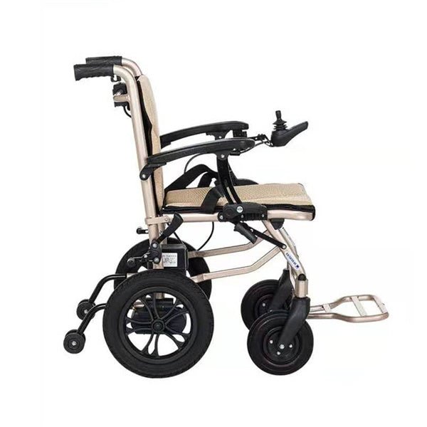 Side view of a lightweight folding electric wheelchair with a tan seat and black joystick controller.