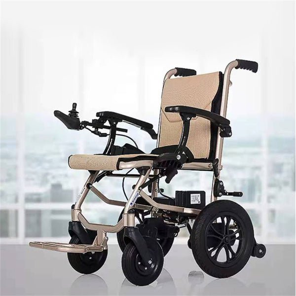 Lightweight folding electric wheelchair with a tan mesh seat, joystick control, and black wheels.