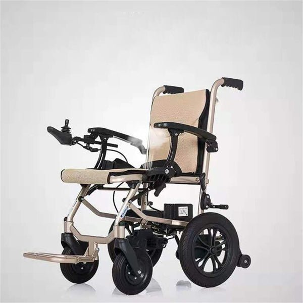 Lightweight folding electric wheelchair with a tan seat, joystick controller, and black wheels.