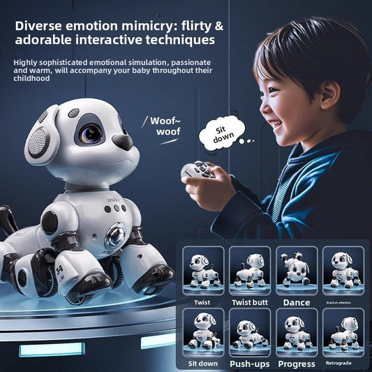 Intelligent robot dog toy with remote control, voice commands, and multiple action modes.