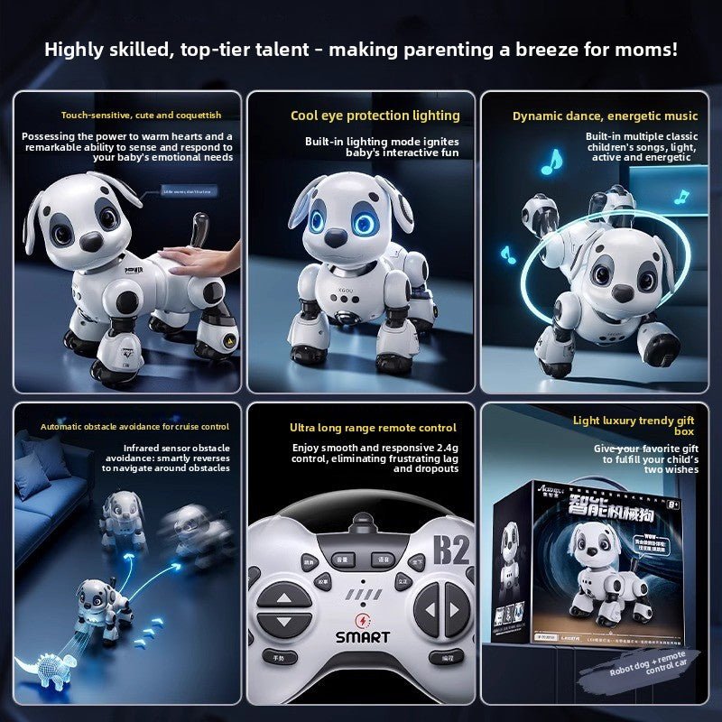 Intelligent robot dog toy with remote control, featuring touch sensors and glowing blue eyes.