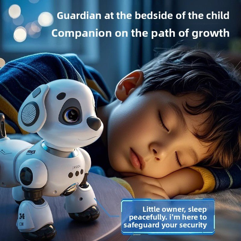 White and black intelligent robot dog toy sitting next to a sleeping child.