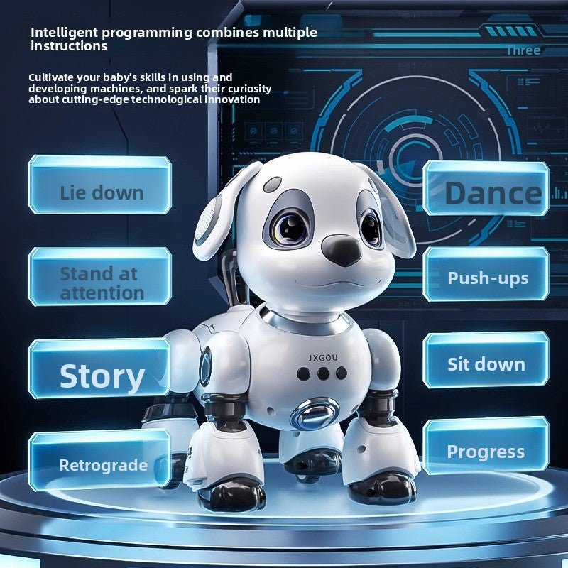 White intelligent robot dog toy with interactive command buttons like dance, sit down, and story.