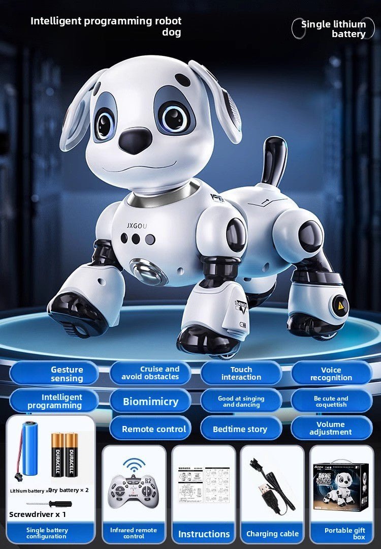 White and black intelligent robot dog toy with remote control, charging cable, and accessories.