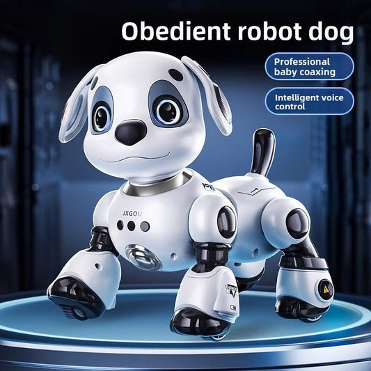White and black intelligent robot dog toy with interactive voice control and programming features.