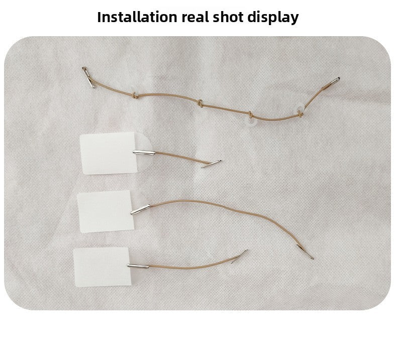 Invisible facial lifting patches with elastic ropes attached to white squares.