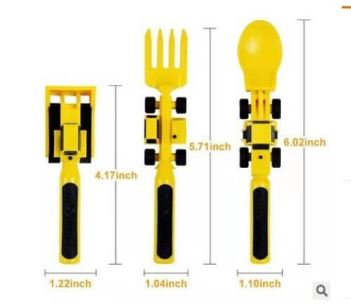 Kids Cutlery Set – Fun & Safe Utensil for Toddlers with yellow utensils and measurements.