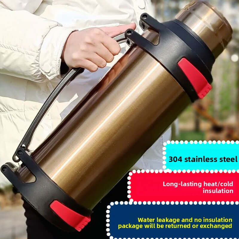 Person holding Large Capacity Thermos Flask with portable insulated design, 304 stainless steel.