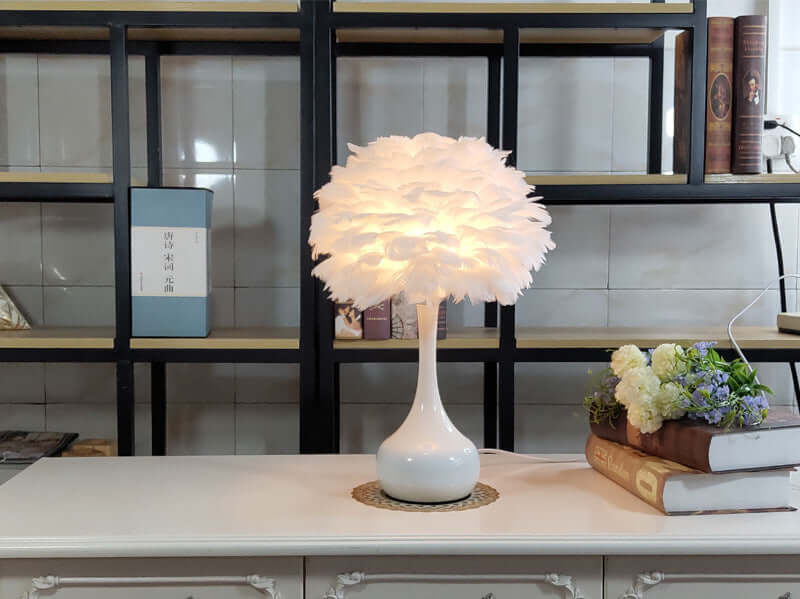 Luxury Feather Table Lamp with touch dimming on a modern white base, perfect for elevating bedroom or living room décor.