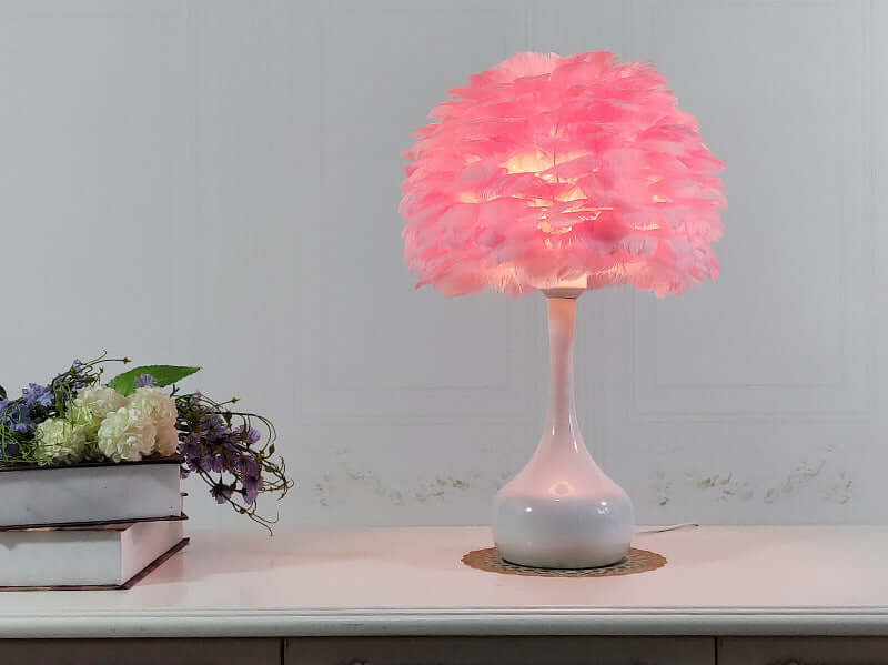 Luxury Feather Table Lamp with touch dimming on bedside table, pink feather lampshade provide soft light for home décor.