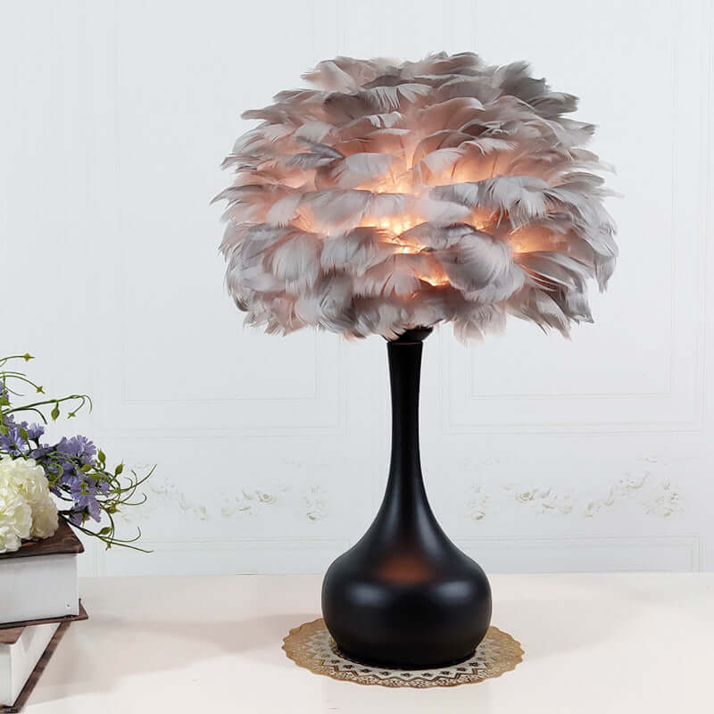 Luxury Feather Table Lamp with goose feather lampshade in elegant home setting.